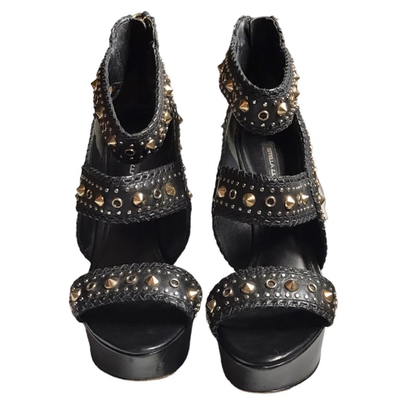 Stella Luna Y2K 37.5 7 US Black Leather Gold Studded Zip Strappy Stiletto Heels - Picture 2 of 12